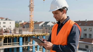 A medium-wide shot of a construction worker in a high-visibility tiger's eye orange vest and white hard hat, standing on a residential building site in a Central European city. He is reviewing digital plans on a tablet. The background features structural steel in delft blue and a crane under a clear sky. Professional photography, bright natural lighting, crisp details.