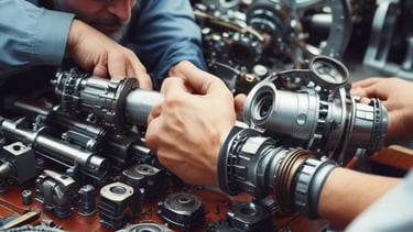 Engineer reviewing digital schematics on a tablet with a city skyline backdrop.