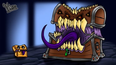 A cartoonish mimic from dungeons and dragons drawn by Vaughan Farrar speed draw vawesome warped mini