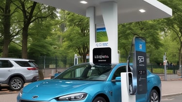 A modern electric vehicle charging station is prominently displayed with the branding 'EV Power' and a capacity of 150kW. The charger features a digital screen and contactless payment options. In the background, an electric car is partially visible under a canopy.