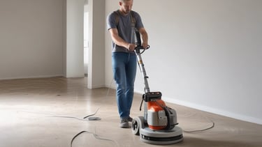A professional sanding machine in action on a wooden floor.