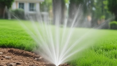 A well-maintained garden features a distinctively pruned tree with a rounded, dense canopy situated in the foreground. This tree is surrounded by lush, green grass, and several taller trees with thin trunks and sparse foliage stand in the background. The landscape extends to a distant horizon under a clear blue sky.