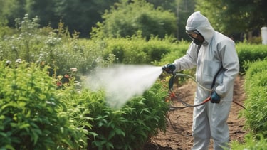 A well-maintained garden features a distinctively pruned tree with a rounded, dense canopy situated in the foreground. This tree is surrounded by lush, green grass, and several taller trees with thin trunks and sparse foliage stand in the background. The landscape extends to a distant horizon under a clear blue sky.