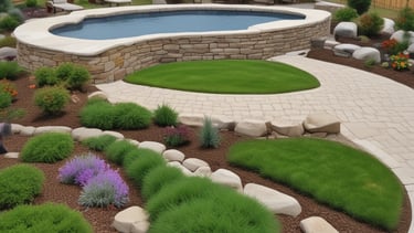 A well-maintained garden features a distinctively pruned tree with a rounded, dense canopy situated in the foreground. This tree is surrounded by lush, green grass, and several taller trees with thin trunks and sparse foliage stand in the background. The landscape extends to a distant horizon under a clear blue sky.