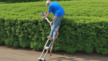 A well-maintained garden features a distinctively pruned tree with a rounded, dense canopy situated in the foreground. This tree is surrounded by lush, green grass, and several taller trees with thin trunks and sparse foliage stand in the background. The landscape extends to a distant horizon under a clear blue sky.