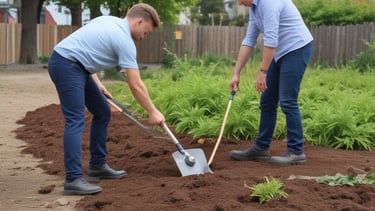 A red utility truck is equipped for tree maintenance, featuring detailed contact information and services such as lot clearing, hydro line trimming, and tree removal. The truck's design includes a hydraulic lift arm, positioned beside a residential area with green grass in the foreground.