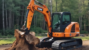 A well-maintained garden features a distinctively pruned tree with a rounded, dense canopy situated in the foreground. This tree is surrounded by lush, green grass, and several taller trees with thin trunks and sparse foliage stand in the background. The landscape extends to a distant horizon under a clear blue sky.