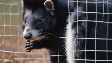 A white truck labeled 'WILDLIFE REMOVAL' is parked on a dirt area. In front of the vehicle, three possums are confined within stacked metal cages. The background includes greenery and sunlight creates clear shadows.