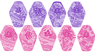 Nine designs for reusable sanitary napkins in pink and purple.