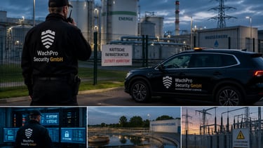 Sicherheitsmitarbeiter schützt eine kritische Infrastruktur mit Energieversorgung und Leitstelle