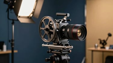 A modern film production studio scene with professional lighting and equipment, using a sophisticated dark blue and gold palette.