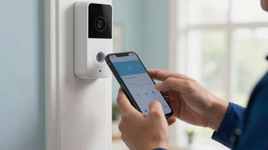 A close-up photography shot in a bright North American home showing a professional technician's hands using a smartphone to configure a modern video doorbell mounted on a clean white door frame. The background is softly out of focus. Lighting is natural and bright. Colors featured include soft blue and navy.
