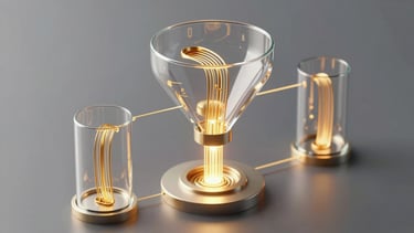 Isometric 3D diagram of a digital sales funnel pipeline with glowing gold data streams flowing through glass containers.