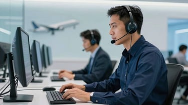 A professional South American / Brazilian technician in a modern, well-lit telecommunications office, wearing a high-quality headset and working on a sleek computer setup. The environment is clean and technologically advanced, with soft focus on aviation-themed elements in the background. The scene uses a professional palette of dark blue and light blue with bright, efficient lighting.
