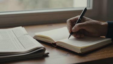 Close-up, moody natural window light, desaturated warm tones, deep shadows, 35mm film photograph of a hand making notes in a leather-bound journal next to a stack of financial newspapers and a pen, on a wooden desk.