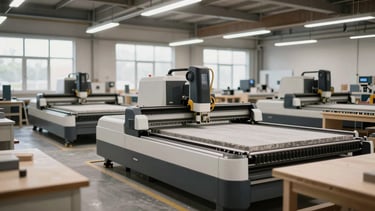 Wide panoramic view of a modern fabrication facility, showing both CNC stone cutting machines and woodworking stations, natural diffused light, sharp focus, 35mm lens