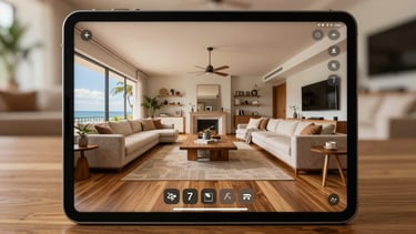 Interface de tour virtual 360 graus simulada dentro de uma tela de iPad Pro, exibindo a sala de estar de conceito aberto da Villa Vista Mar com ícones interativos de navegação sobrepostos no piso de madeira.