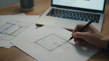 Overhead close-up of a work desk: printed wireframe sheets, a pen mid-stroke annotating a layout, a laptop screen showing a website draft in the background — office ambient light, muted tones, no people visible