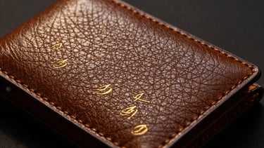 Wide panoramic macro shot of a hand-stitched Italian leather wallet, rich embossed grain, gold foil stamping detail, dramatic low-key side lighting, deep shadows with warm golden hour accents, generous negative space.