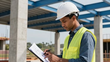 Professional architectural photography in a South American Brazilian setting showing a civil engineer in a white hard hat and reflective safety vest checking structural plans on a large digital tablet. The scene is a modern, high-tech construction site with clean concrete pillars and steel blue structural elements under bright, natural daylight, reflecting professionalism and expertise.