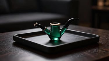 Luxury glass smoking pipe and elegant minimalist tray, dark moody lounge setting, soft backlighting, rich shadows