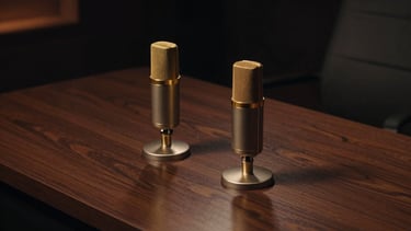 Overhead shot of a dark wooden talk-show desk, two high-end studio microphones with gold rings, warm low-key light reflecting on metallic surfaces, deep shadows