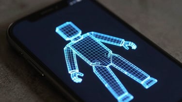Close-up of a mobile phone screen showing a wireframe mesh of a complex 3D game character, glowing blue lines on a dark background