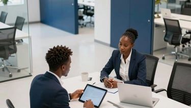 A clean and modern high-angle photograph of a professional meeting in a bright Sub-Saharan Africa / Pan-African corporate hub. Two consultants and a business owner are discussing strategy over tablets and laptops. The office features white walls, navy blue glass partitions, and abundant natural light, reflecting trust and strategic growth.