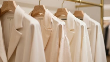 Close-up of luxury fabrics, silk and cashmere garments hanging on a minimal brass rail inside a cream and gold boutique, warm editorial photography, soft natural boutique light, 35mm