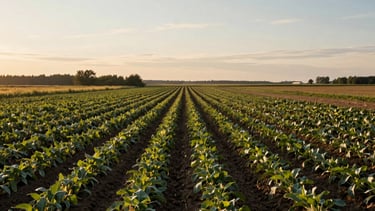 Wide-angle shot of a rustic Northern European / North American farm landscape during the golden hour, showing rows of heritage crops under a soft sky.