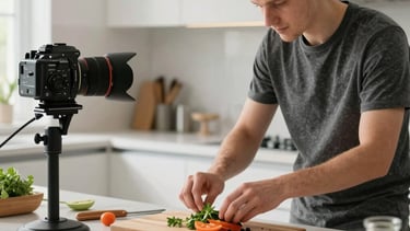 A professional content creator arranging ingredients for a food shoot, using natural side lighting in a clean, modern kitchen, Northern European / North American.