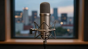 Microphone in a recording booth with a blurred Latin American city skyline in the background through a window at dusk, sophisticated atmosphere.
