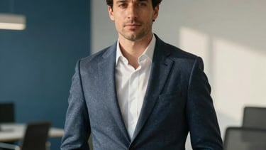 A professional portrait of a man in his late 30s in a smart-casual blazer, exuding confidence and authority, standing in a contemporary office setting in Barcelona, Spain. The background features muted blue and soft off-white tones with clean architectural lines and natural sunlight. High-quality photography with a professional depth of field.