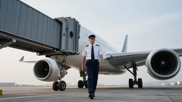 Wide-angle shot of a commercial airline pilot in uniform, walking from a modern jet bridge towards a flight deck, crisp morning light, deep navy and steel tones, 35mm lens. Focus on the pilot's determined stride and the clean lines of the aircraft.