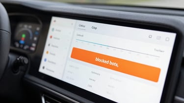 Crisp high-contrast dashboard UI mockup showing real-time traffic filtering, clean analytics lines, and a safety orange banner highlighting blocked bots.