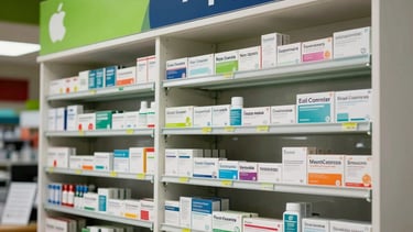 Detailed photography of a professional pharmacy display in a South American Colombian neighborhood, showcasing neatly arranged medical products, Apple Green and Navy Blue brand colors visible on signage, warm daylighting, clean and friendly atmosphere.