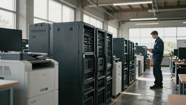 Wide panoramic warehouse interior during daylight, stacked office equipment — monitors, printers, server racks — arranged in rows on the left, a worker with a clipboard checking serial numbers in the right third, natural light streaming through high windows