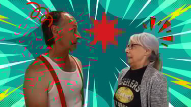 Hank & Stella in a comic book style layout with colorful action graphics and speech bursts.