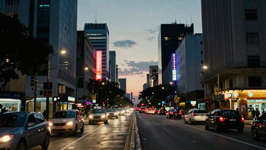 Wide panoramic shot of Avenida Paulista at dusk, vibrant neon signs, cars creating light trails, moody ambient light, high contrast, 35mm film grain.