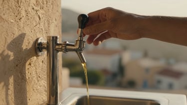 Hands carefully pouring golden soy sauce from a modern steel tap, warm lighting, cinematic 16:9 frame.