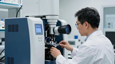 A high-precision scientific environment in North American / US, featuring a researcher in professional attire working with a sophisticated life sciences diagnostic machine. The laboratory is bright with clinical lighting, accented by Oxford blue and light blue equipment. The composition is clean and modern, emphasizing cutting-edge innovation and scientific reliability.