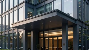 Clean, wide-angle architectural photography of a professional office building entrance in a modern North American urban setting. The scene features minimalist design, glass facades, and a sophisticated atmosphere with soft morning light. The color palette includes hints of Navy blue and Slate grey to convey efficiency and trustworthiness.
