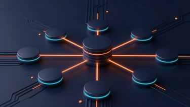 Sleek dark-mode 3d render of structured database nodes connected by glowing orange lines, deep navy background, octane render.