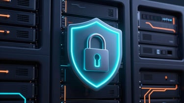 Sleek dark-mode 3d render of a secure server rack with a glowing cyan padlock shield, deep navy background, octane render.