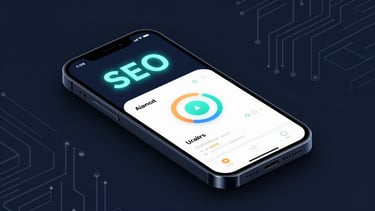 Sleek dark-mode 3d render of a smartphone displaying local SEO analytics, glowing cyan accents, deep navy background, octane render.