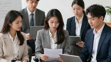 A group of five young adults are dressed in business attire and review a paper resume.