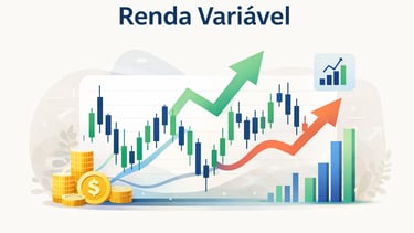 Gráfico financeiro com velas e setas de alta mostrando tendências da renda variável e investimentos
