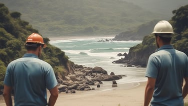 An urban construction site with cranes and engineers reviewing plans on site.