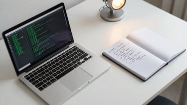 Overhead wide shot of a programmer's workspace: open laptop showing a terminal with green output text, notebook with handwritten pseudocode beside it, bright studio overhead lighting, clean minimal desk, no person visible