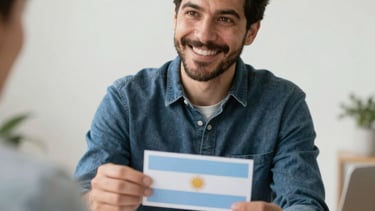 Close-up of hands shaking over a loan agreement with Argentine flag in background